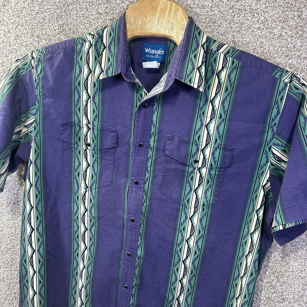 Wrangler Shirt Mens 2XL Purple Striped Short Sleeve Pearl Snap Western Casual